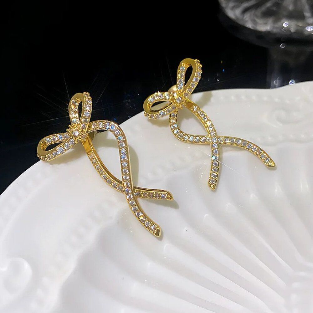 Crystal Bow Earrings in Gold